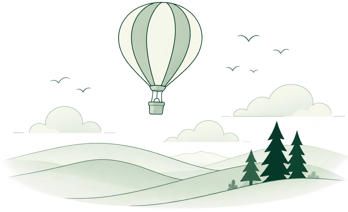 A hot air balloon drifting away over quiet hills